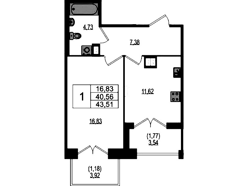 1-комнатная квартира 43.51 м², 2/4 эт., ЖК «Ranta Residence»